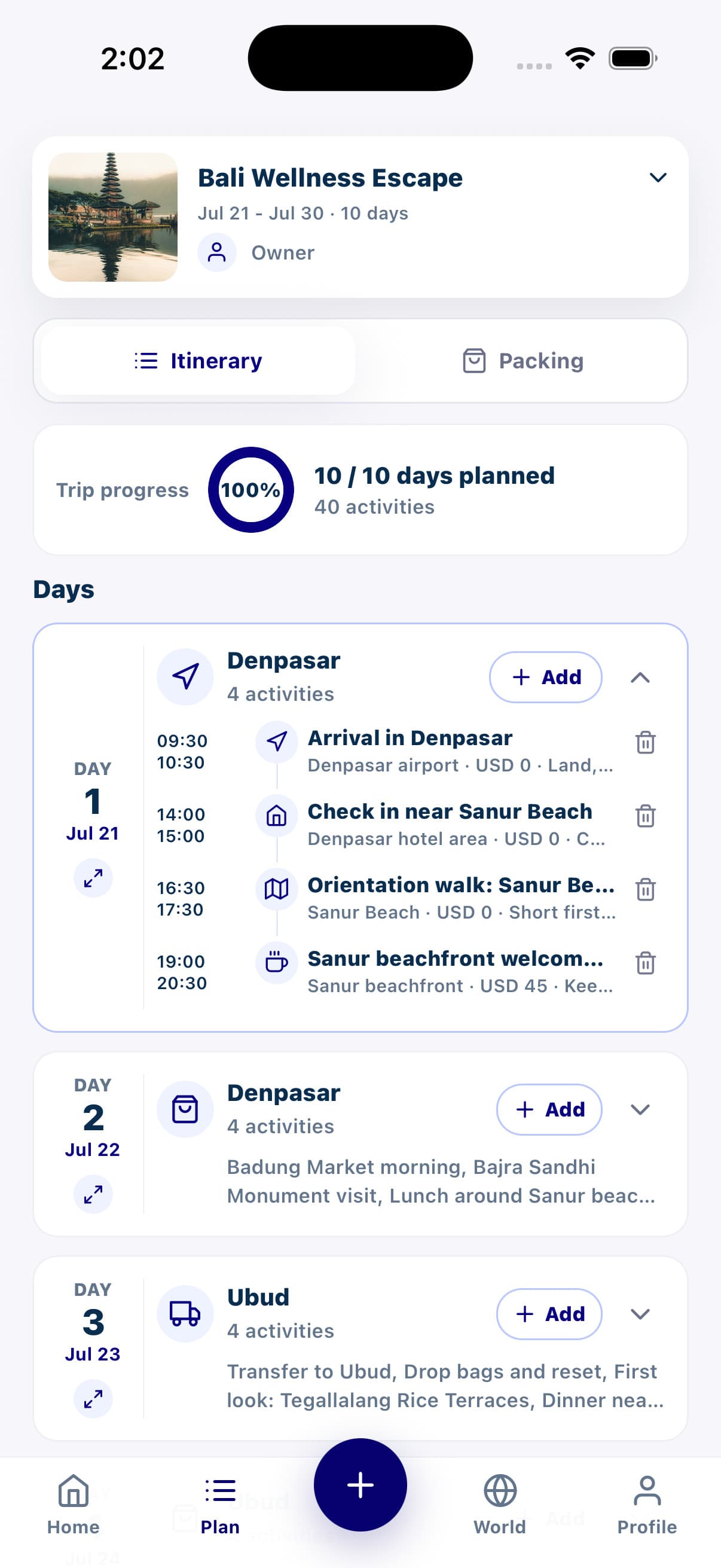 Oreviyo itinerary screen with planned activities by day